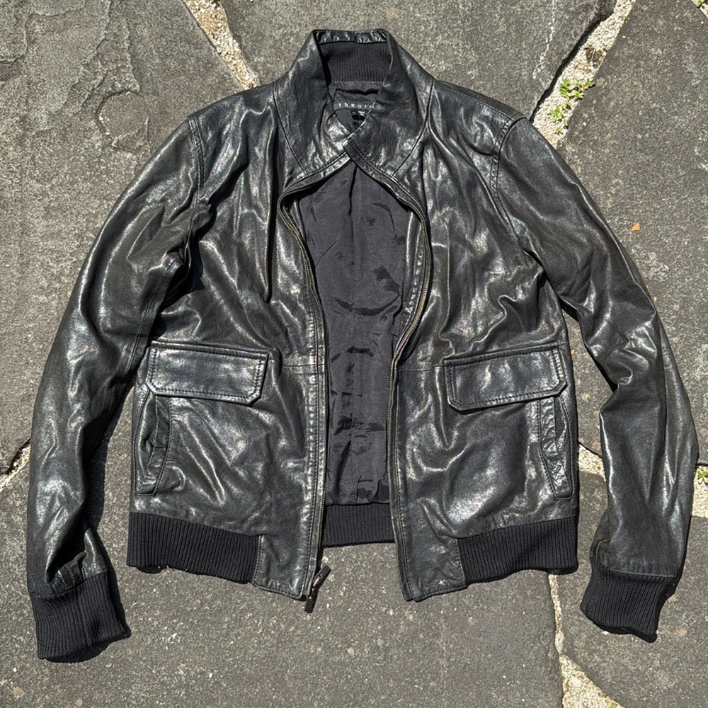 Women’s Theory Belare Black Leather Jacket, Size M.
